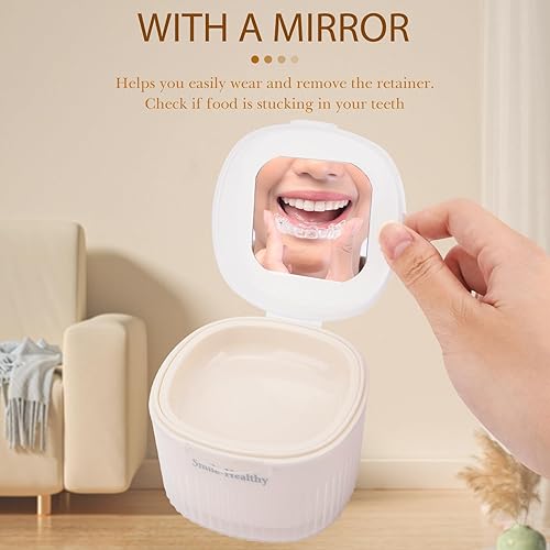 Miniatura 4 de Estuche de baño para dentaduras postizas con espejo, contenedor de dientes falsos para almacenamiento de remojo y limpieza de viajes, kit de estuche