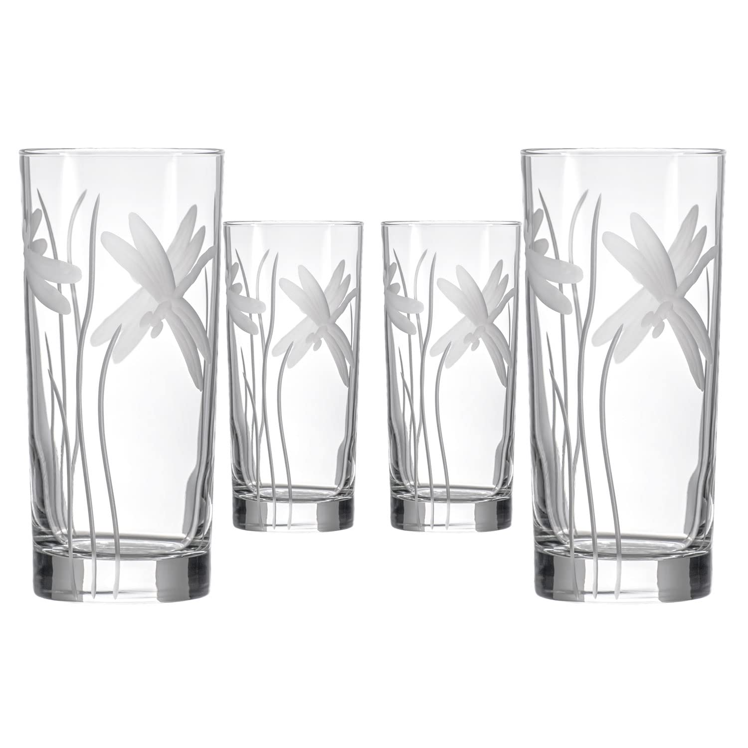 Rolf Glass Dragonfly Highball Glass 15 ounce - Set of 4 Cooler Glasses Lead-Free Glass - Etched Drinking