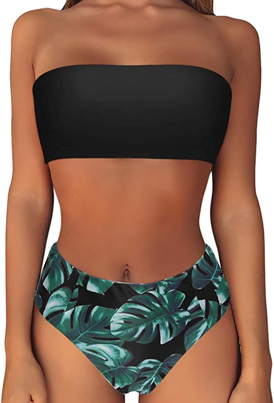 CROSS1946 Women's Padding up Sexy Bikini Set Solid Color Strapless Swimsuit High Waist Beachwear Green Leaf,S