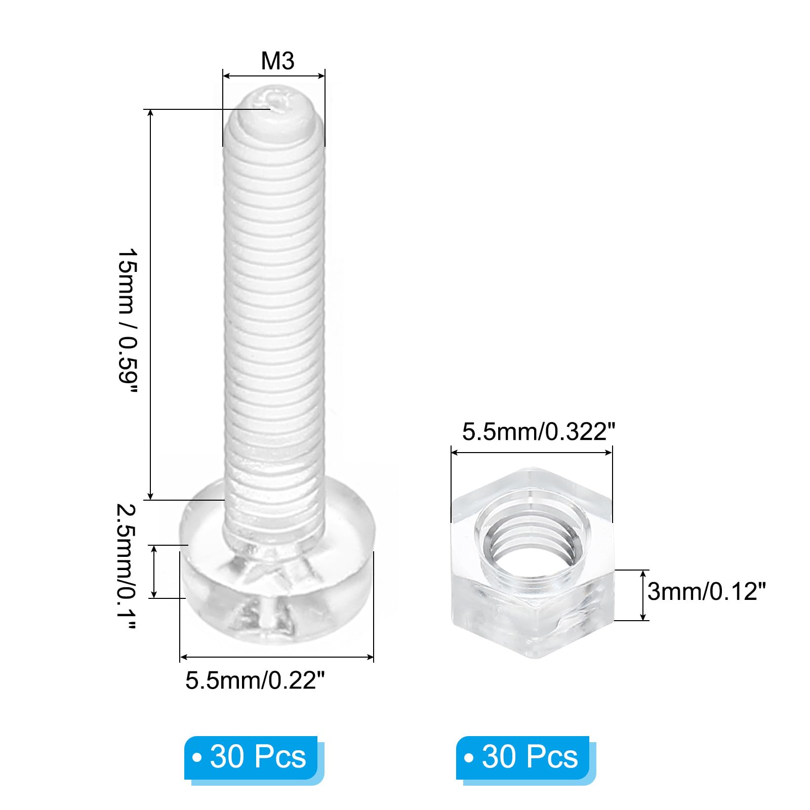 PATIKIL M3x15mm Clear Acrylic Screws and Hex Nuts Kit, 30 Set PC Plastic Phillips Round Head Bolts for Machine Accessories Transparent - Image 2