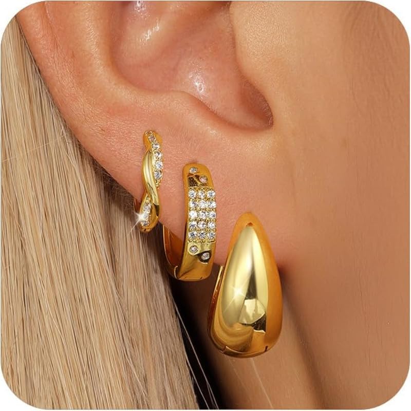 3 Pairs Gold Hoop Earrings Set for Women Trendy - 14K Real Gold Plated Hoop Earrings - Hypoallergenic Cute Zirconia Stud Earrings Jewelry Gifts for Multiple Piercing2