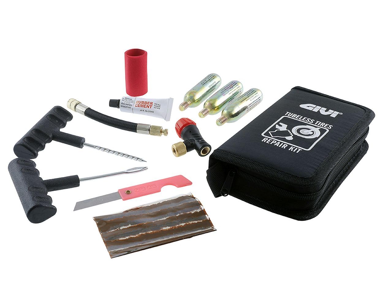 GIVI S450 Kit de réparation pour pneu compatible avec moto, scooter et quad | Ensemble anti-crevaison, enveloppes sans chambre; 3 cartouches à gaz carbonique, 5 mèches, 2 outils, tuyau, colle inclus