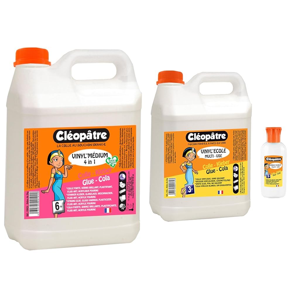 Cléopâtre - VIM5L - Vinyl'Médium Acrylic Pouring en 5L & Colle blanche vinylique au format de 2 kg + 1 flacon de 100gr rechargeable