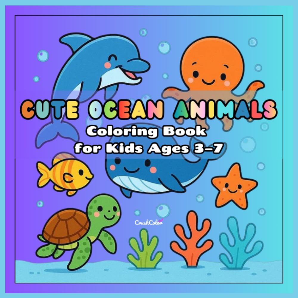 Cute Ocean Animals, Coloring Book for Kids Ages 3–7