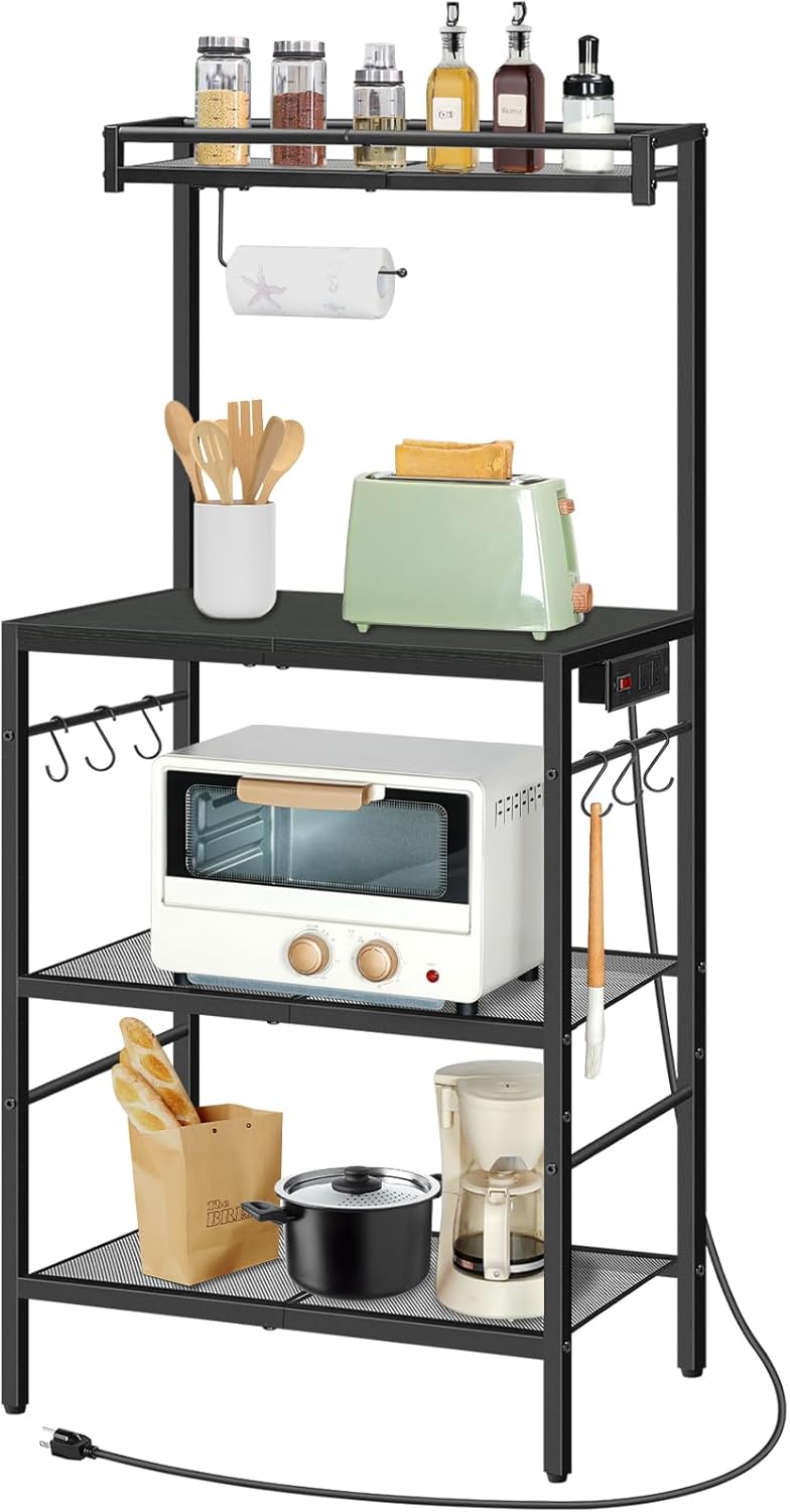 MAHANCRIS Bakers Rack with Storage, Microwave Stand with Paper Holder, Bakers Rack with Power Outlet, Coffee Bar Station with 6 Hooks, for Kitchen, Dining Room, Black BRBK36E01