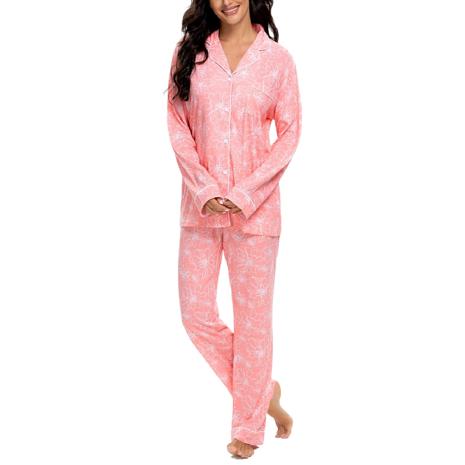TugegePajamas Set Long Sleeve Sleepwear Womens Button Down Nightwear Pj Sets