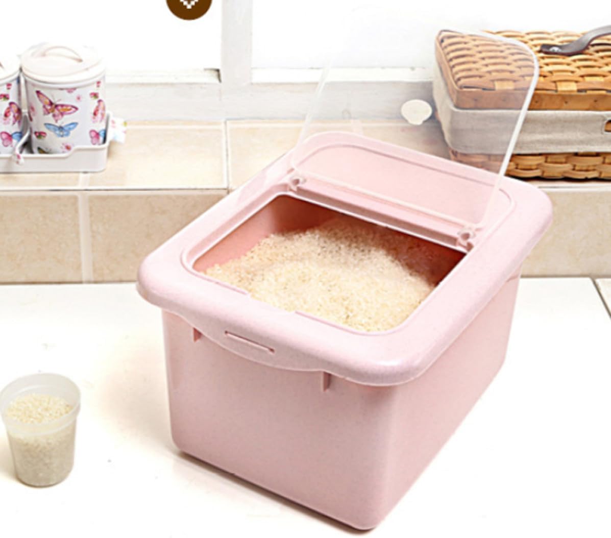 Pink Rice Storage Container Size L Plastic Airtight Moisture Proof Bin