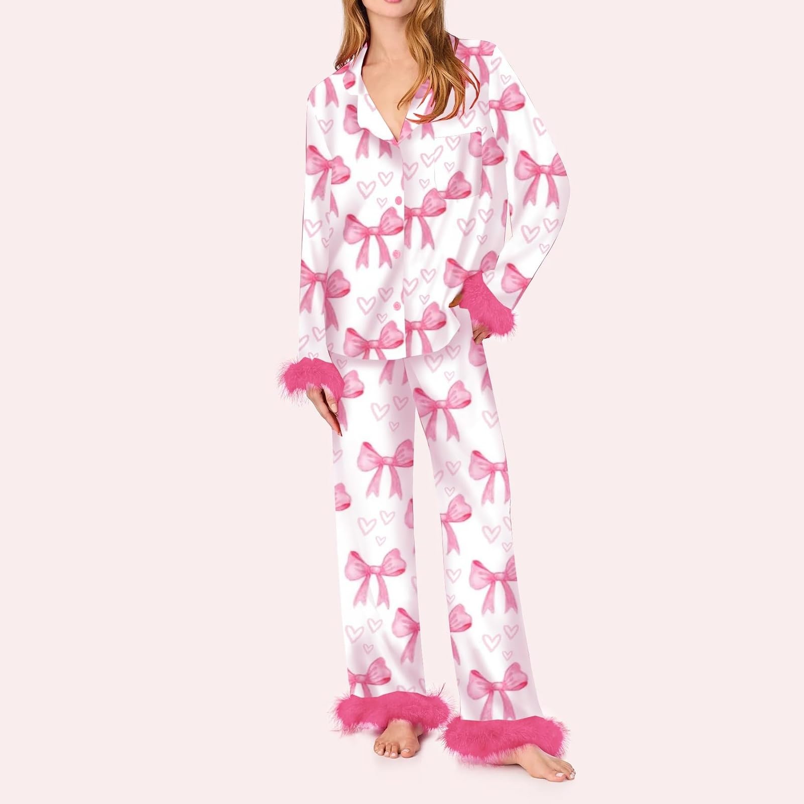 Conjunto de pijama de seda para mujer con diseño de corazón y lazo, camiseta de manga larga y pantalones, ropa de dormir de 2 piezas, pijama de satén lujoso para mujer, estampado de corazón y