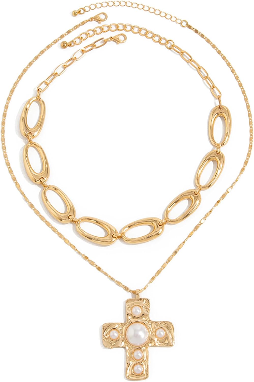 Layered Gold Chunky Cross Necklace For Women Stacked Gold Irregular Geometric Square Pendant Necklace Unique Punk Hip-Hop Oval Hollowed-Out Chain Necklace Fashion Accessories Creative Jewelry For Women
