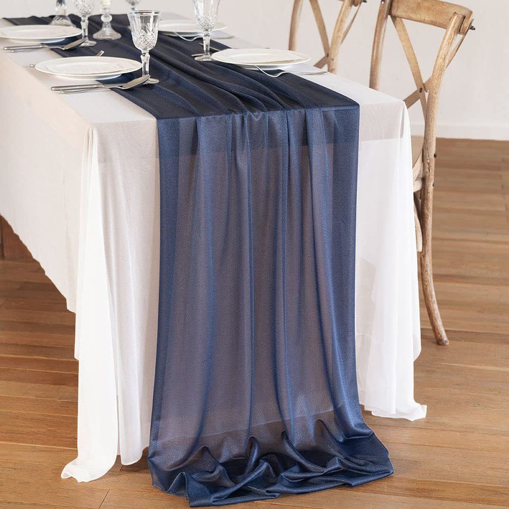 FLORRA TALK 10Ft Navy Blue Chiffon Table Runner Sheer 30x120 Inches Romantic Rustic Boho Wedding Table Overlay for Wedding Birthday Party Bridal Baby Shower Table Decoration (Navy Blue, 30" w x 10ft)