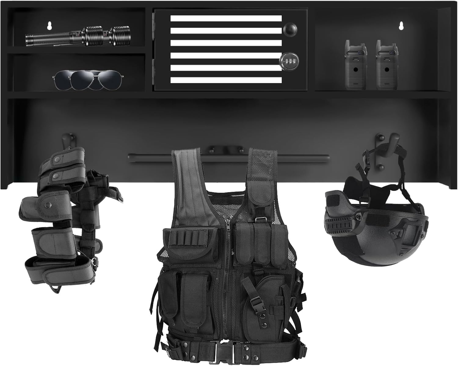 Police Gear Rack, Wall Mounted Police Hanger, Free-Standing All Iron Frame Police Gift Decor with Flag, Police Vest Hanger with 2 Hooks for Police Station, Fire Department, Office