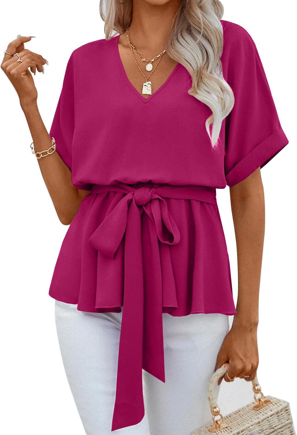 FSHAOES Womens V Neck Blouse Short Sleeve Belted Casual T-Shirts Basic Tee Tops