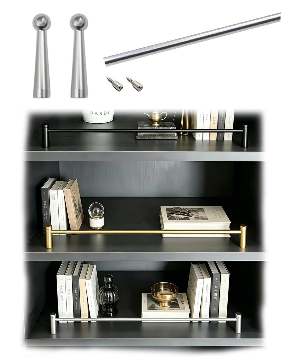 Zimgod Silver-B Aluminum Gallery Rail Kit For Bookshelves/Furniture/Cabinet, Shelf Edge Tipping Guardrail Rod, Decorative Shelving Fence With Spindles & Hardware(,26In/66Cm)