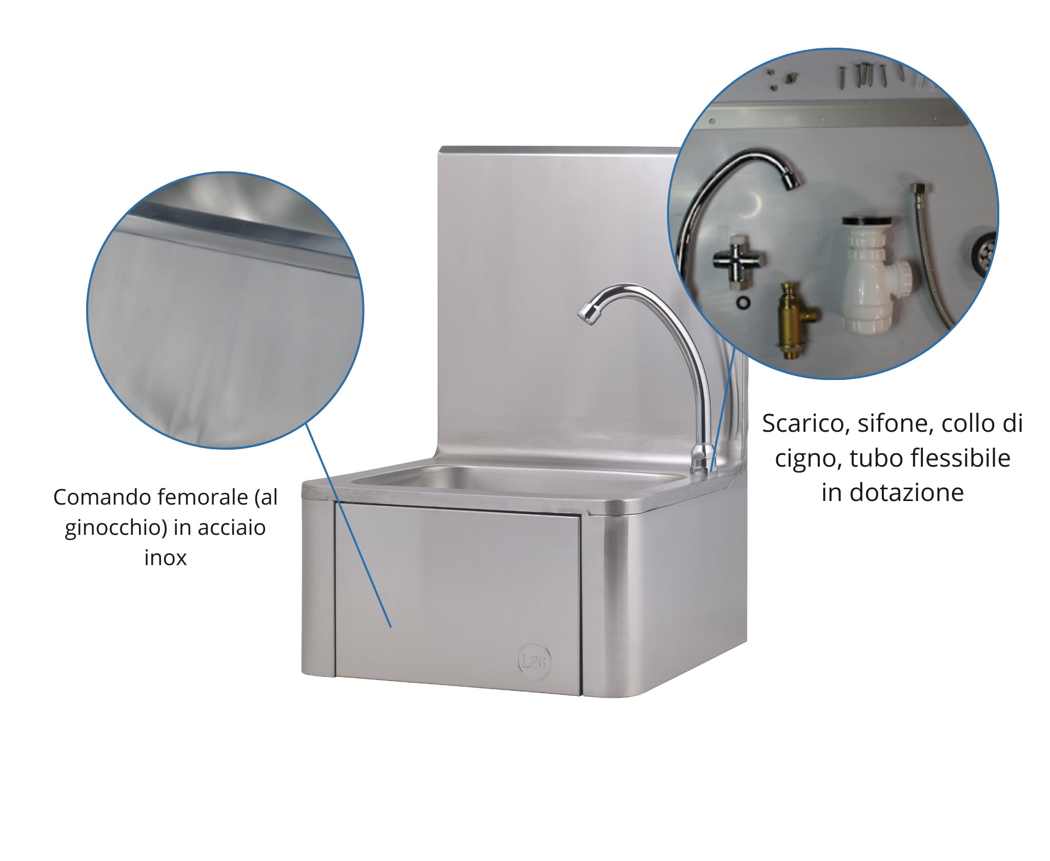 L2G - Lavamani da parete a ginocchio - Lavello piccolo in acciaio inox con miscelatore per acqua calda e fredda - Da parete - 40 x 34 x 56 cm