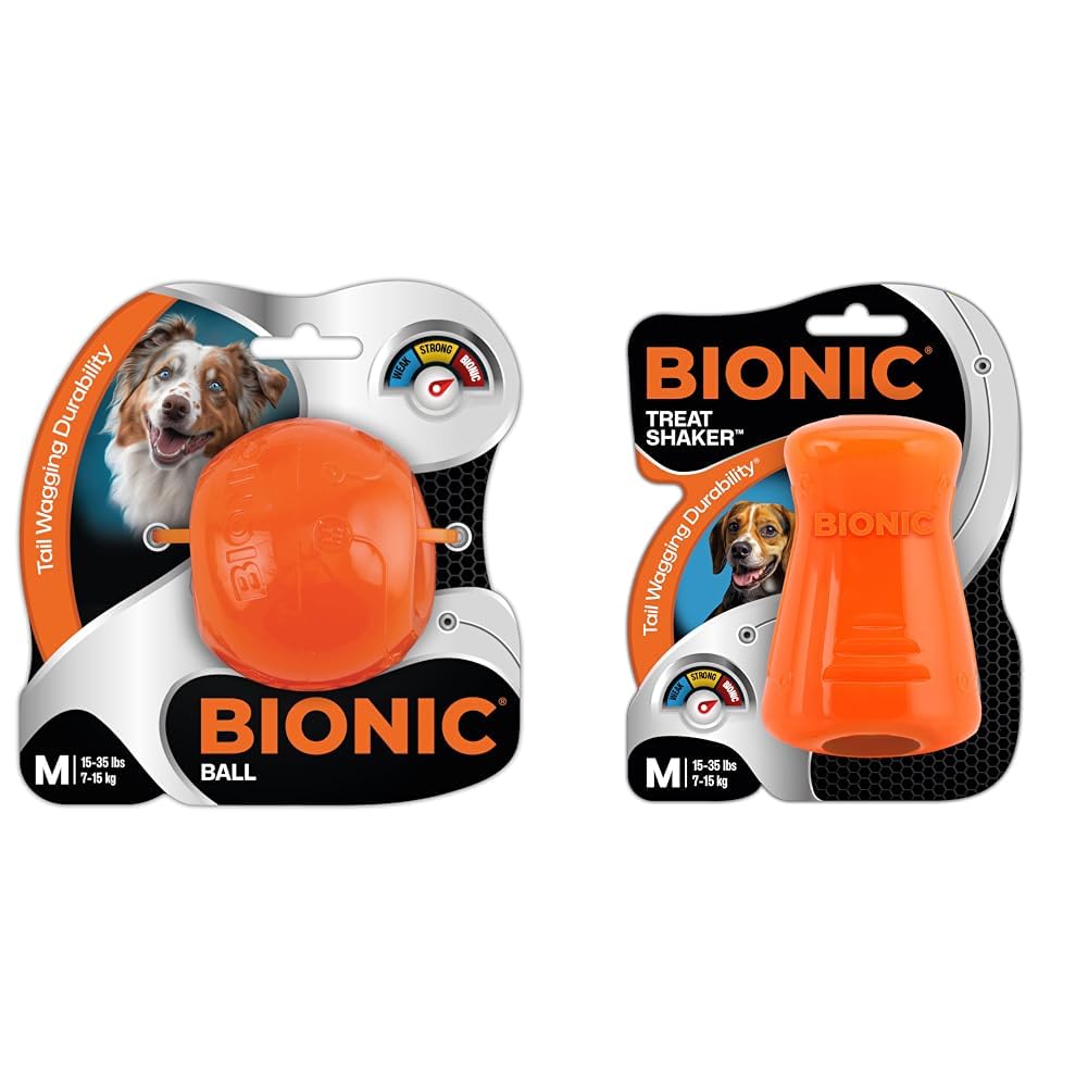 BIONIC Dog Toy Bundle - Medium Ball Treat Shaker - High-Visibility Durable Interactive Chew Toys for Dogs 15-35