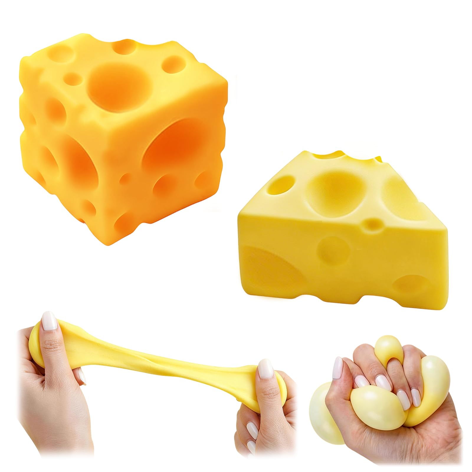 2Pcs Cheese Squishy for Adults, Easy Sqweezy Square Cheese Stress Ball, Rebounding Fidgets Sensory for Adults, Simulation Food Shape for Anxiety Relief (1* Yellow Square 1* Yellow Triangle)