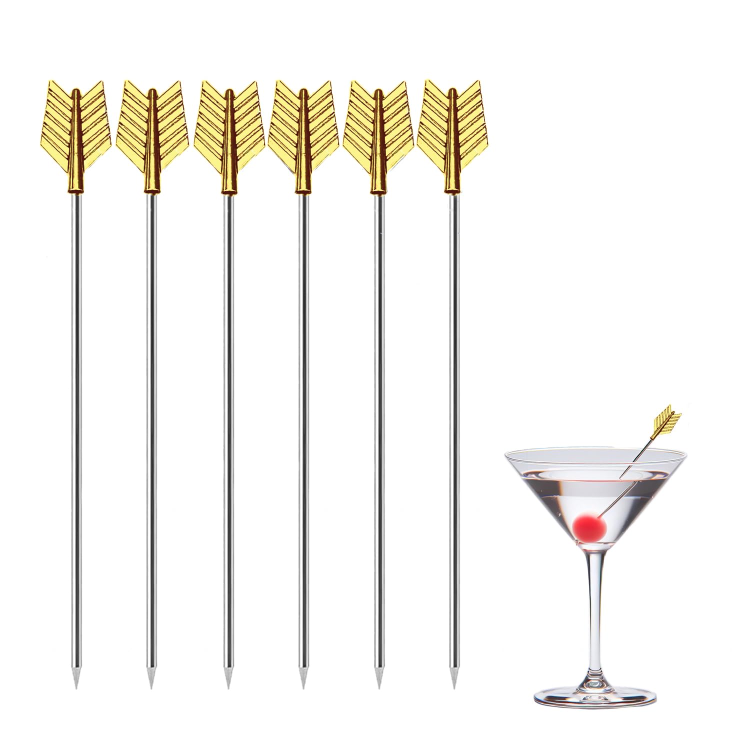 Sipoyen Cocktail Picks for Drinks, 4.5" Gold Arrow Cocktail Toothpicks Metal Garnish Skewer, 6Pcs Olive Martini Picks