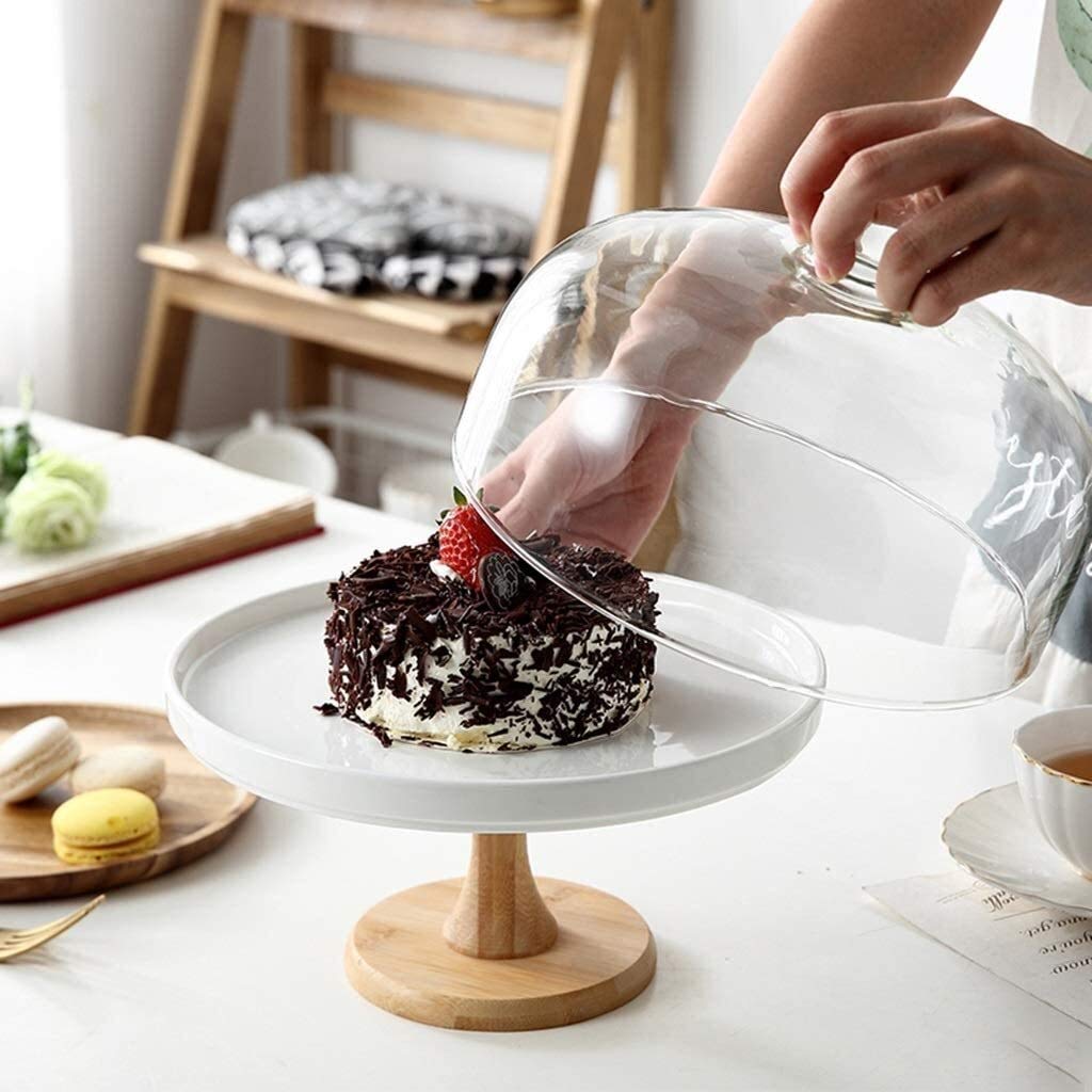 Présentoir à gâteaux de 28 cm, Assiette à Dessert en céramique ou dôme en Verre Transparent, pour Mariage, Anniversaire, dégustation de pâtisseries (Couleur : Blanc)