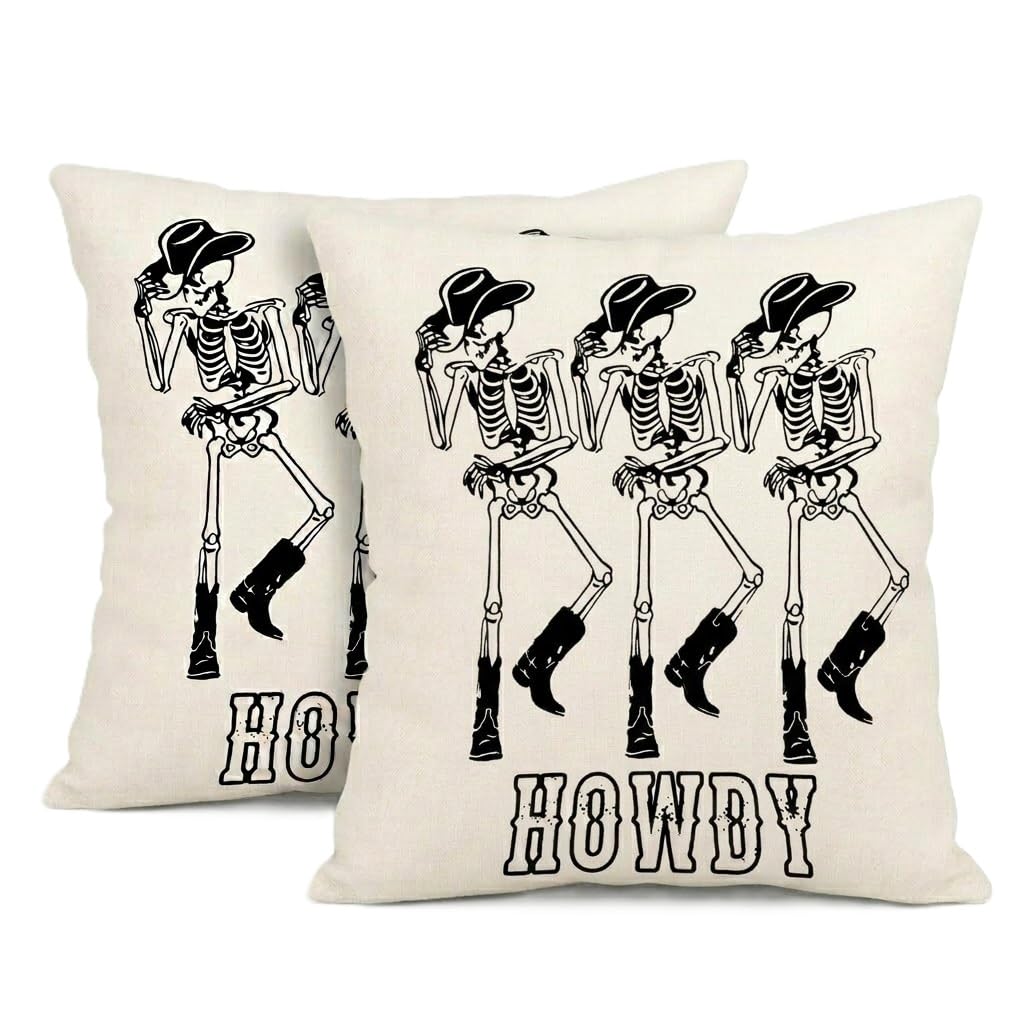 PRK 14 Cushion Covers 2 pcs Halloween Off White Howdy Skeleton Skulls with Cowboy Hat Gothic Pillow Throws Monsters for Livingroom Bedroom Couples Sofa Horror Scary Pillowcase Set 45 x 45cm