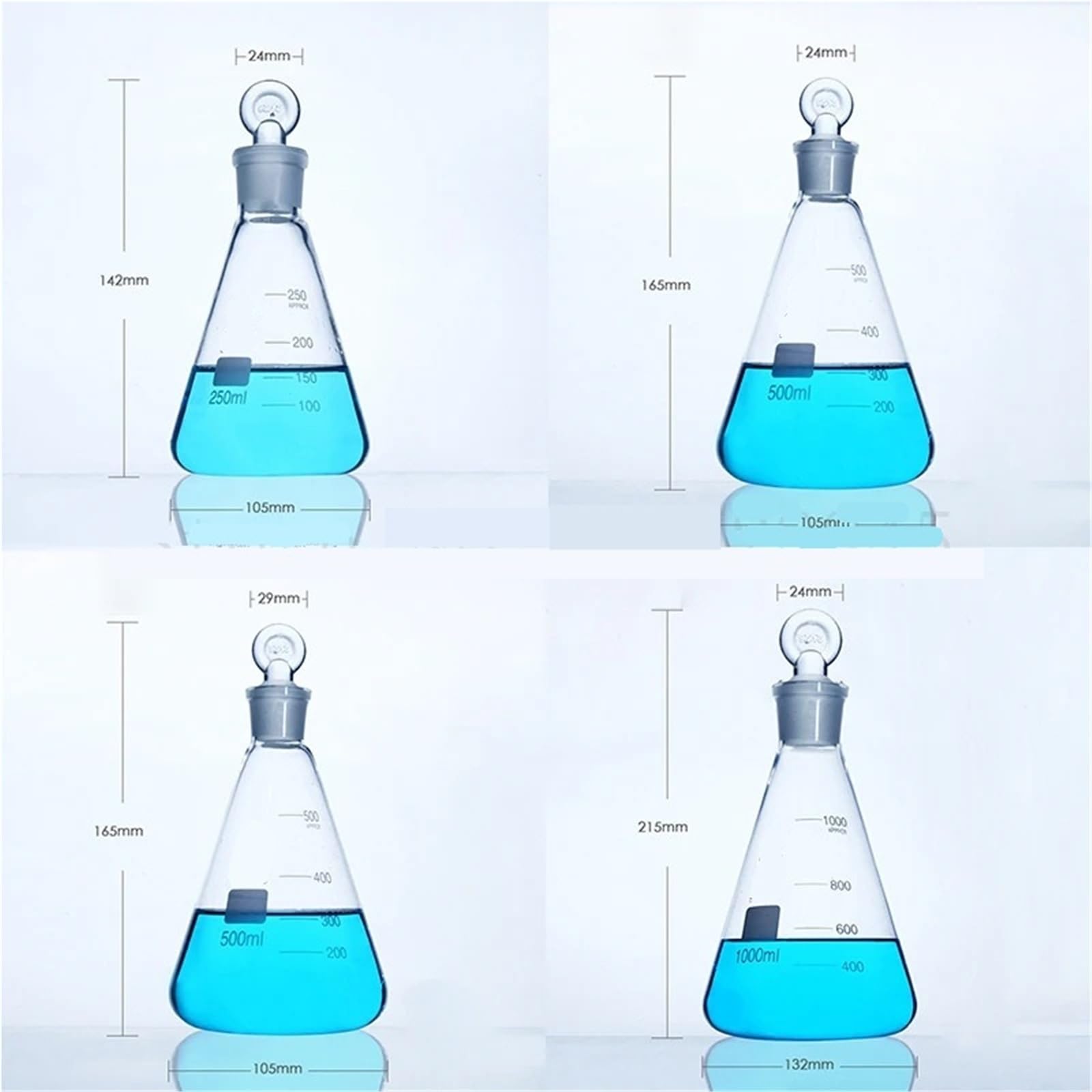 Matraz cónico Erlenmeyer de vidrio borosilicato de laboratorio de 50 ml a 1000 ml con tapón de anillo esmerilado n.° 19, n.° 24 y n.° 29(1000ml N0.29 1pc)