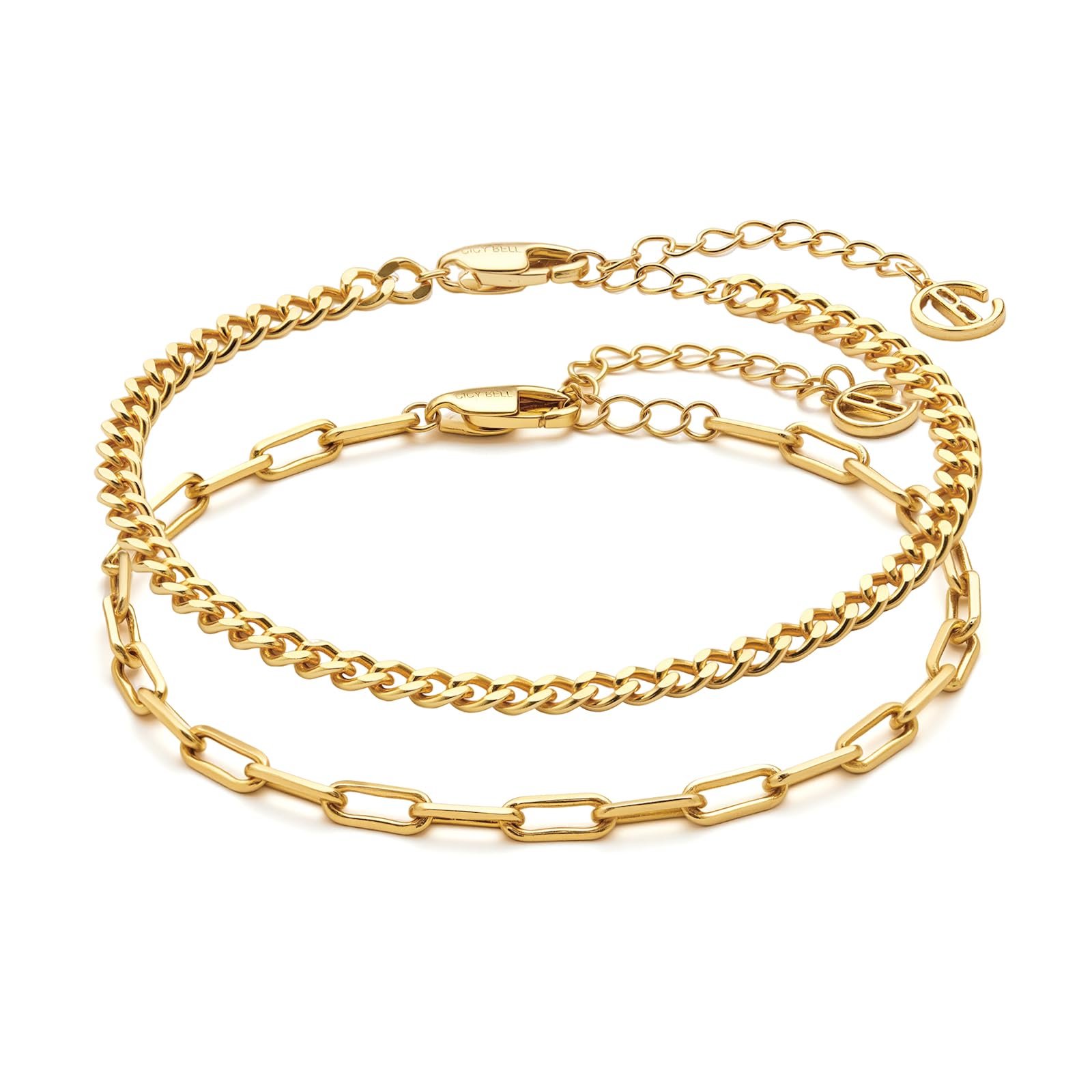 Cicy Bell 18k Gold Plated Bracelets for Women Trendy Dainty Stackable Square Star Wave Bamboo Curb Snake Heart Paperclip Figaro Mirror Chain Link