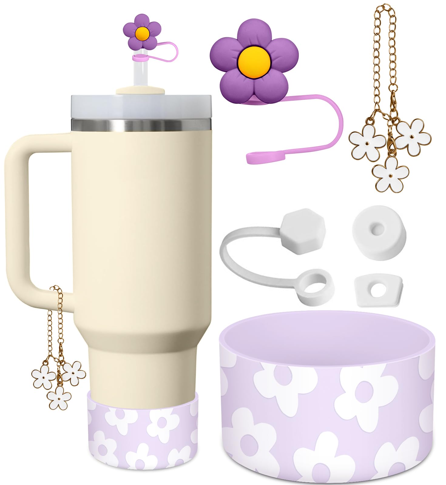 Toykee Cup Boot with Accessories for Stanley 40 30 oz - Straw Toppers Cover Leak Proof Lid Spill Stopper Keychain Charm