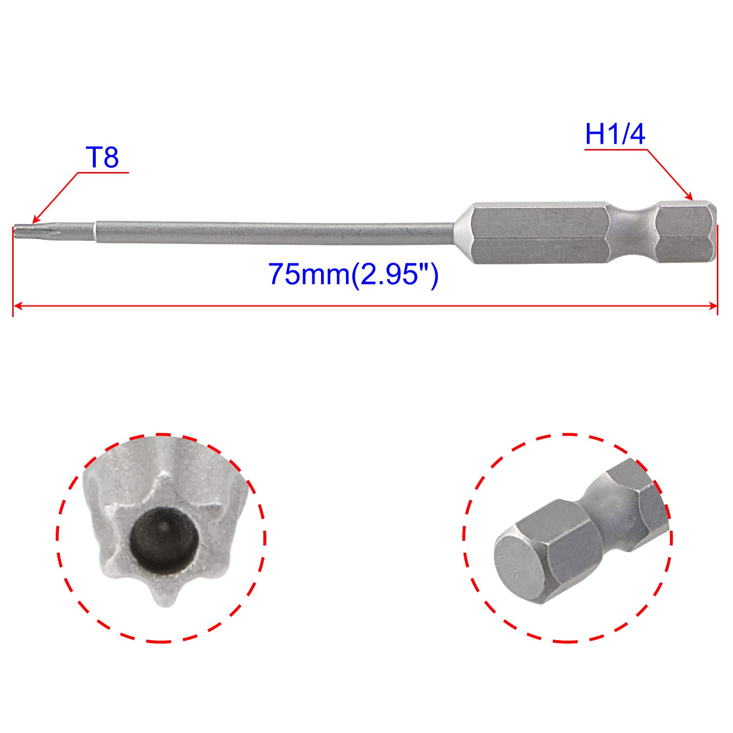 T8 z otworem, śrubokręt Torx, zabezpieczony przed manipulacją, sześciokątny uchwyt 1/4", stal S2, magnetyczna, długość 75 mm, 10 sztuk