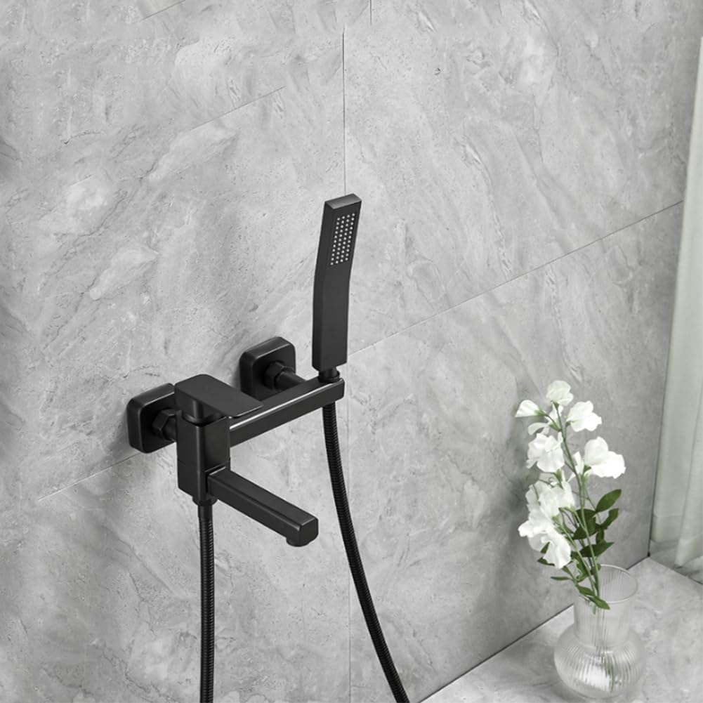 XANAYXWJ Bateria wannowa do montażu na ścianie z HanShower, mosiężna bateria jednouchwytowa, wąż prysznicowy 150 cm, czarna głowica prysznicowa do łazienki i prysznica
