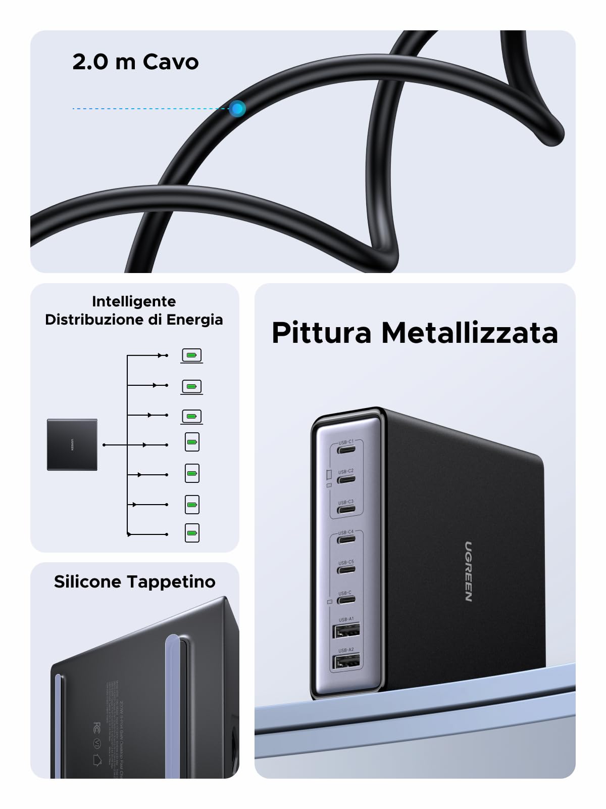 UGREEN Zapix 200W Caricatore USB C Multiplo Stazione di Ricarica GaN | 8 Puerto 100W PD 3.1 PPS 45W Alimentatore Compatible con MacBook Pro Air iPhone 17 Pro Max Air 16 Galaxy S26