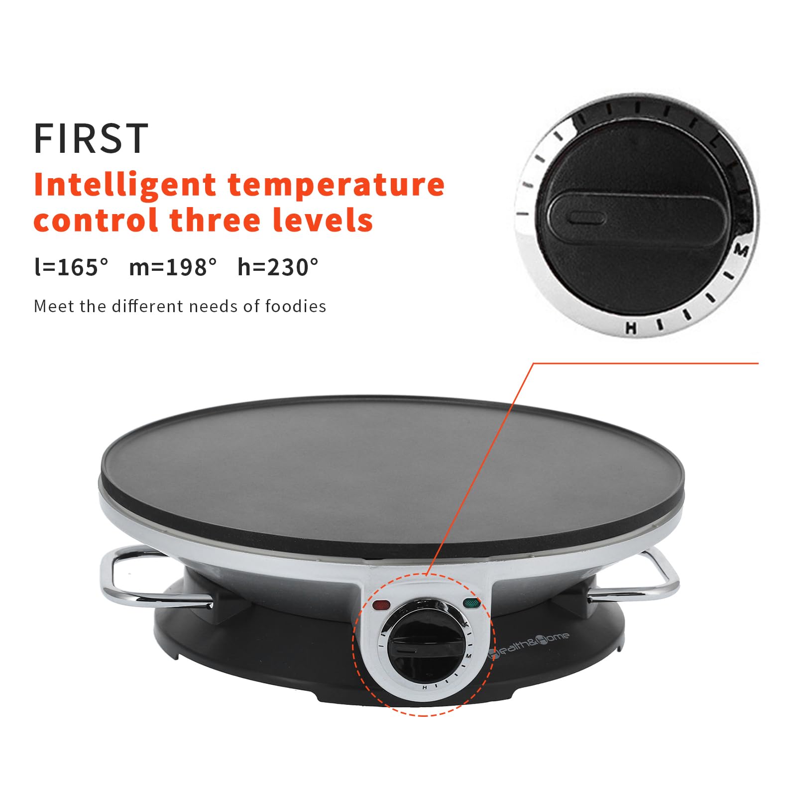 Máquina eléctrica de crepas de 13 pulgadas, máquina redonda de 1000 W, máquina para hacer crepas de acero inoxidable con 3 perillas de control de temperatura, calentamiento rápido, multifunción para 3