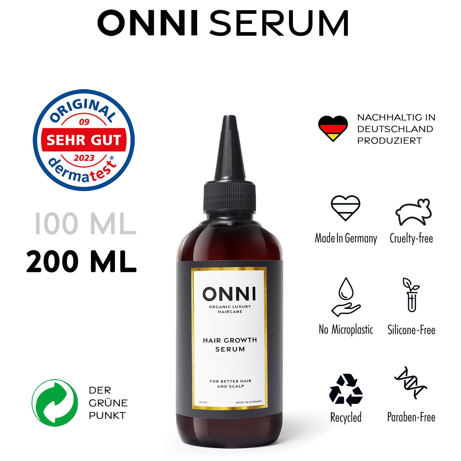 ONNI Serum do porostu włosów, organiczne serum do wzrostu włosów, 200 ml, bez silikonów, siarczanów, parabenów, do pielęgnacji włosów, przeciw swędzącej skórze głowy, wyprodukowano w Niemczech, znane