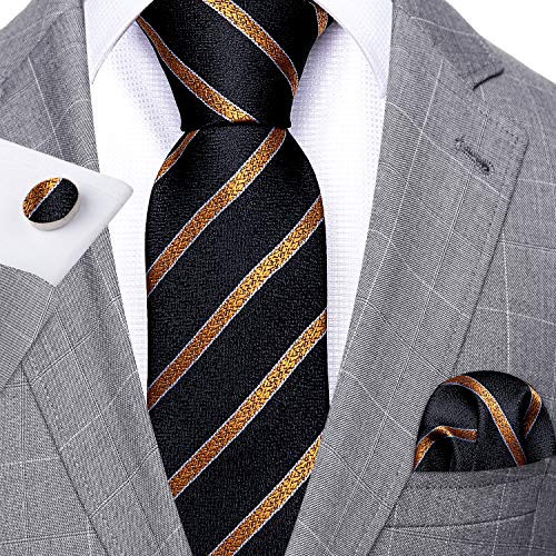 Image of Barry.Wang Tie Sets for Men Silk Stripe Necktie Woven Checkered Handkerchief Cufflinks Formal Business Wedding