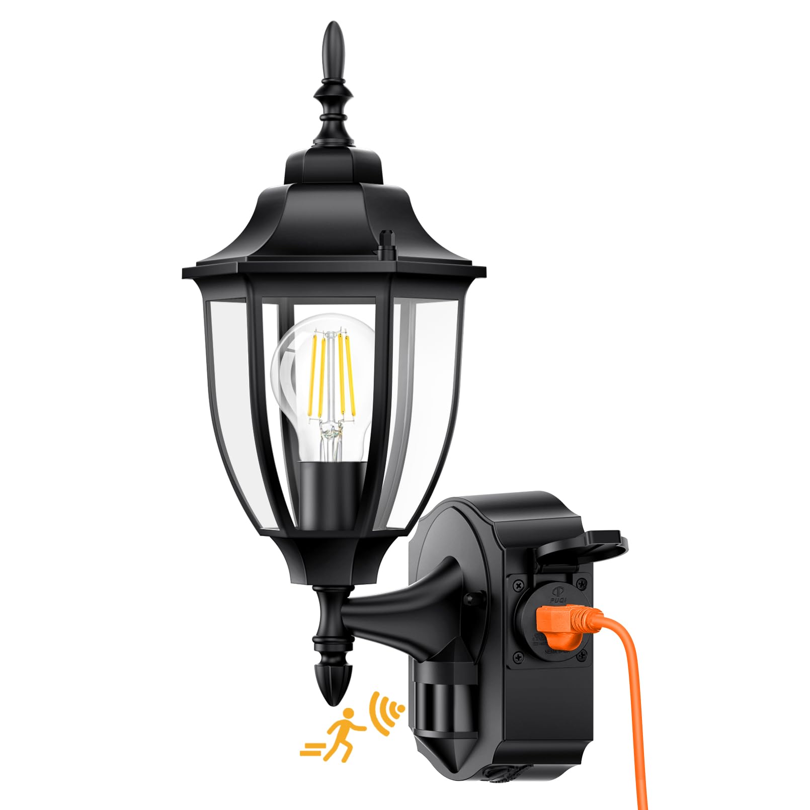 Lamomo Outdoor Wall Lights with Outlet, Outside Motion Sensor Lights Mains Powered, Waterproof Aluminium PIR Security Light Outdoor, Traditional Lamp for Porch, E27 Bulb Base