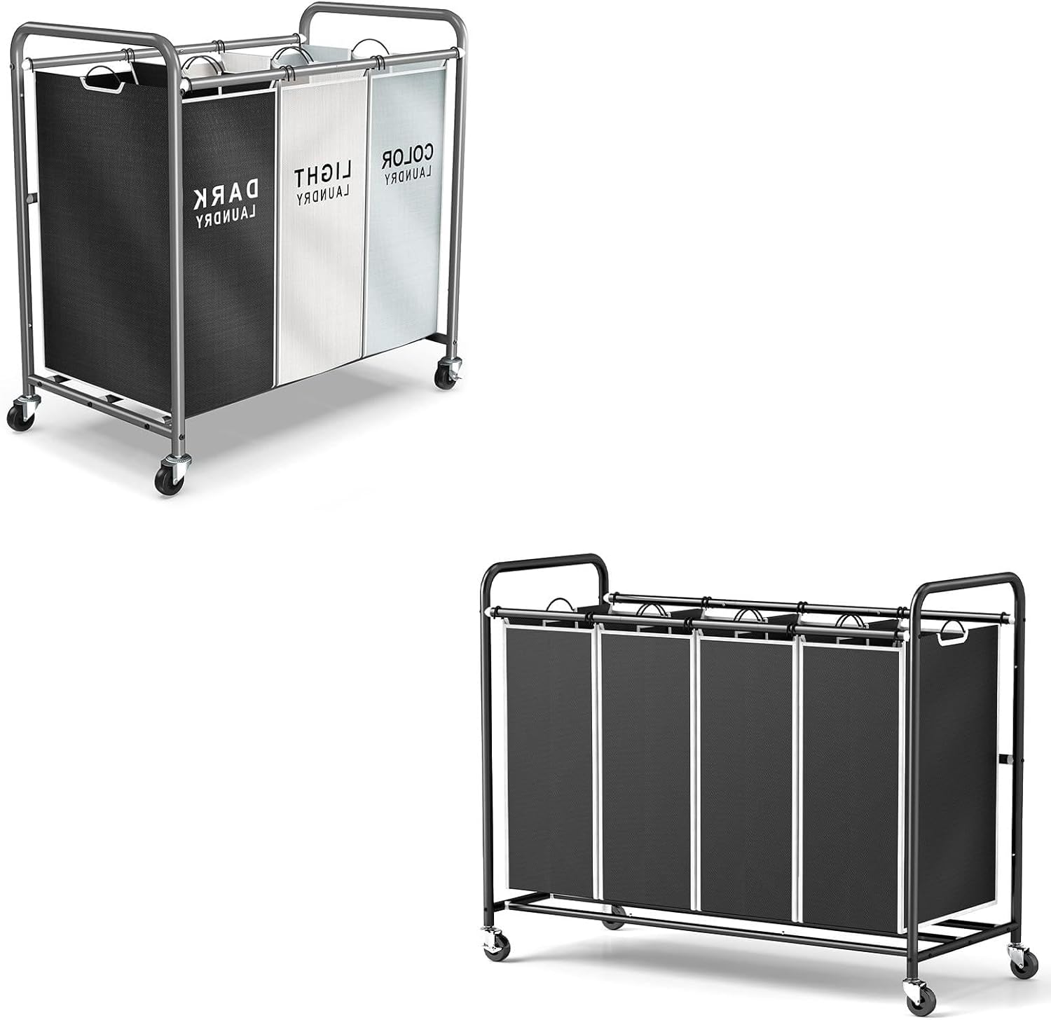 ROMOON Laundry Sorter 4 Section and 3 section, Separated Laundry Hamper Cart with Wheels and Removable Bags, Rolling Laundry Basket Organizer for Dirty Clothes, Black & Color