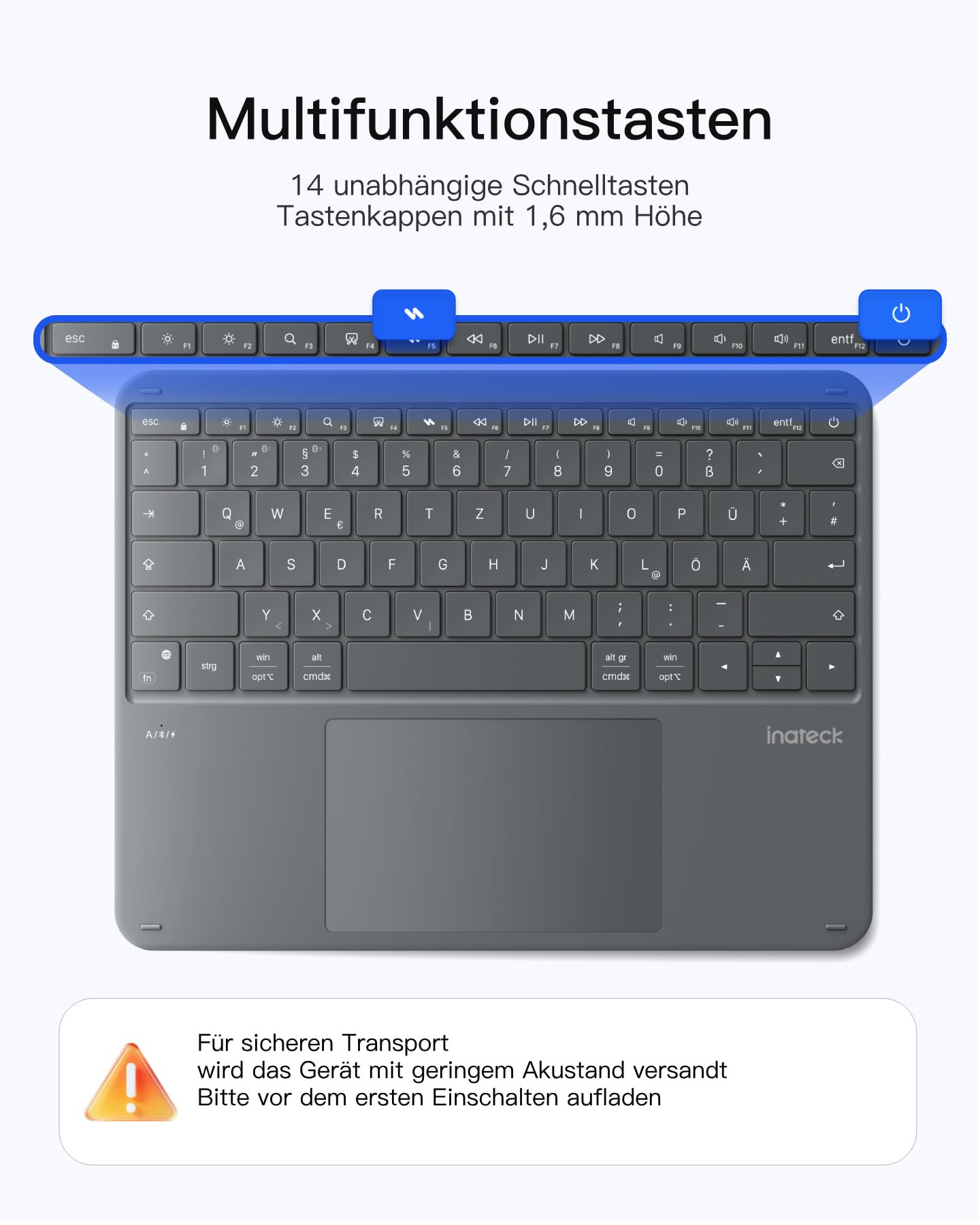 Inateck leichte Bluetooth-Tastatur, großes Touchpad, große Tasten | 3 Bluetooth-Kanäle, QWERTZ, kompatibel mit iPad, Tablets, Windows, Laptops & PCs