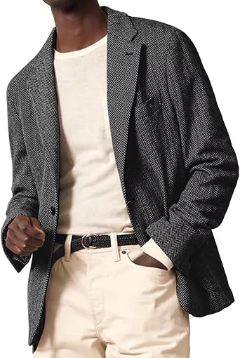 Mens Tweed Herringbone Blazer Wool Blend Jacket | Slim Fit Formal Sport Coat for Wedding Prom