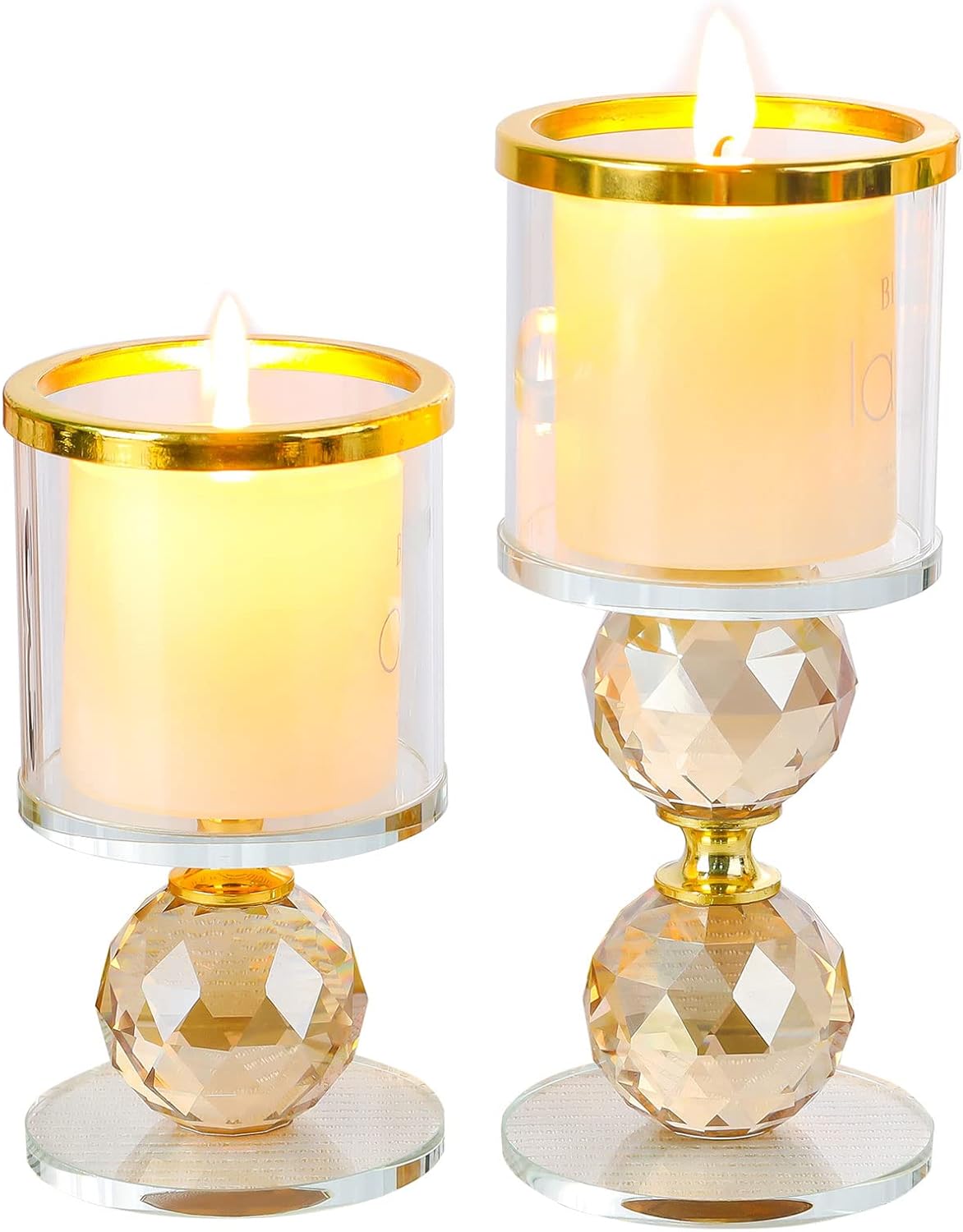 Set of 2 Crystal Gold Hurricane Candle Holders for Pillar Candlesticks