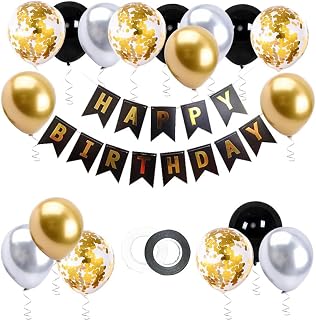 Black Gold Happy Birthday Banner Confetti Latex Balloon for Women Men Kids Birthday Party Decoration Supplies