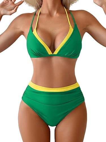 Aidonger Bikini Sets for Women Halter Color Block Two Piece Swimsuit Tummy Contr