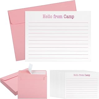 12 Set 5.5 x 4.25 Inches Camp Lined Flat Cards and Envelopes Set Camp Stationery with Envelopes for Boys and Girls Campers(Pink,Classic)