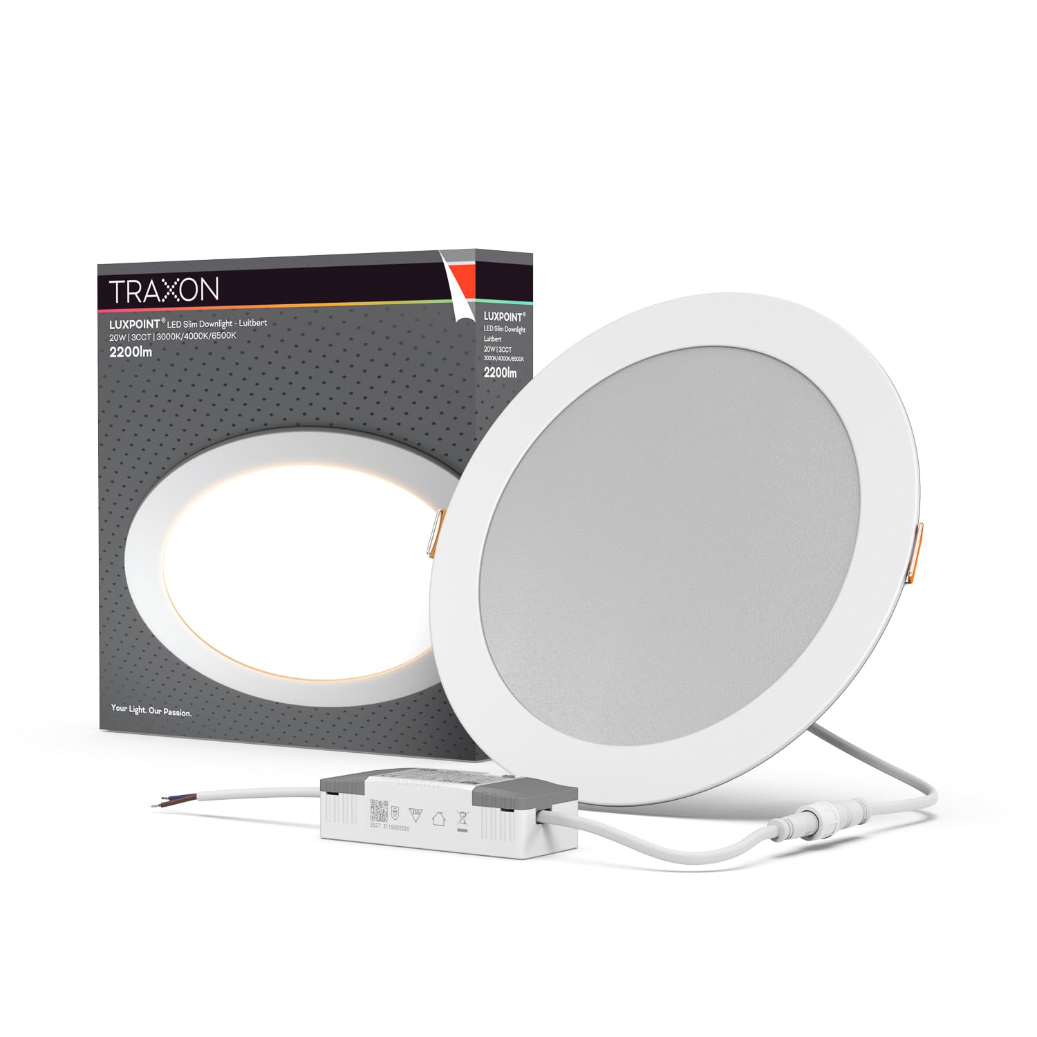 TRAXON LUXPOINT® Downlight LED Empotrable Slim 20W 3CCT 3000K/4000K/6500K con Driver Externo, Panel LED Redondo Ø224mm Corte 205-210mm, Foco LED Techo Interior 120° 220-240V (Blanco, 20W CCT)