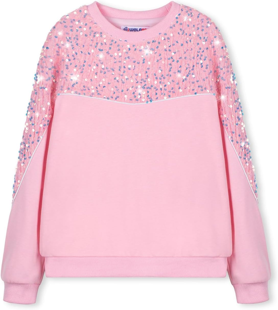 WELAKEN Girls Sequin Sweatshirt Kids Sparkle Crewneck Long Sleeve Pullover Tops
