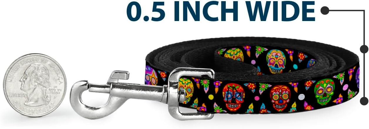 Buckle-Down Pet Leash - Colorful Calaveras Black/Multi Color - 4 Feet Long - 1.5" Wide