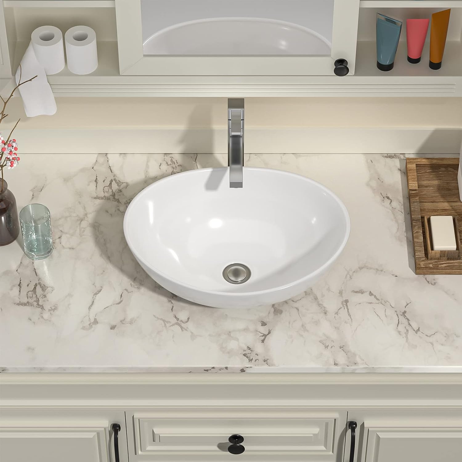 Oval Vessel Sink - IOROYO 16"x13" Bathroom Sink Oval Above Counter Vessel Sink White Ceramic Porcelain Bathroom Vessel Bath Vanity Sink