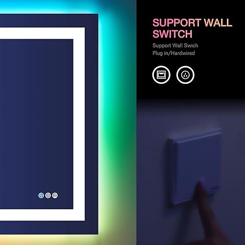 Miniatura 6 de Loaao Espejo de baño LED RGB, 40 x 30 pulgadas, luces para baño, antiniebla, regulable, múltiples modos de luz, retroiluminación RGB, luz frontal,