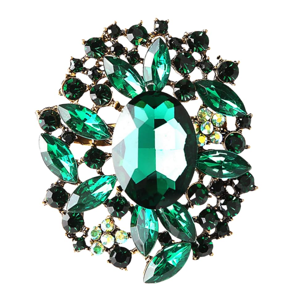Image of Wedding Bridal Big Crystal Rhinestone Bouquet Brooch Pin for Women (Green Vintage Flower)