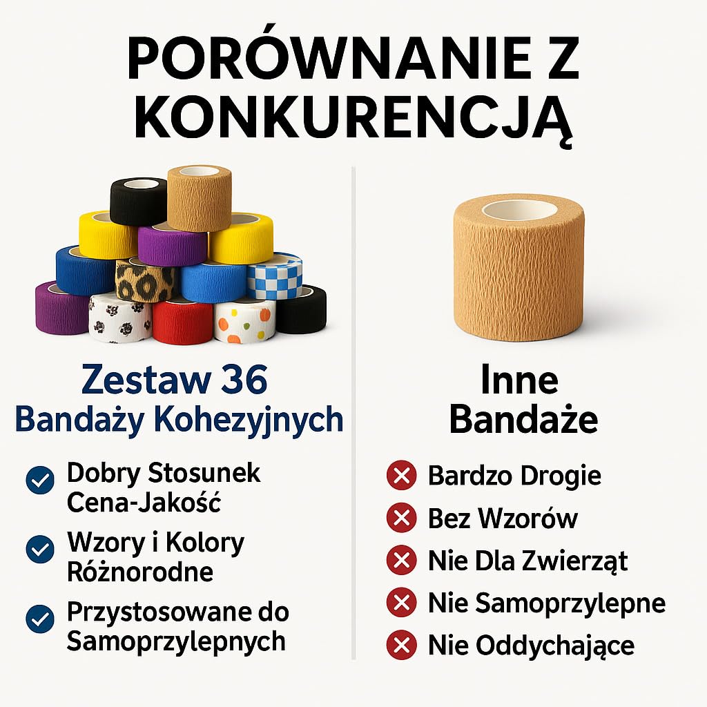 Sportowy bandaż samoprzylepny 36 szt. - Elastyczna taśma klejąca na rzep 2,5 i 5 cm - oddychająca, wodoodporna - do pielęgnacji zwierząt i ludzi - kolorowa i hipoalergiczna