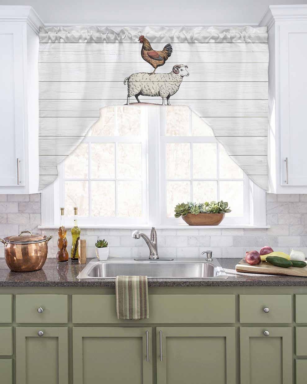 Farmhouse Wooden Grain Swag Curtains Valance and Tier Set, Rod Pocket Curtain Drapes for Bedroom Bathroom Kitchen Curtains 3 Piece Set Modern Country Cow Pig Chicken Swag Valances and 36 inches Tiers