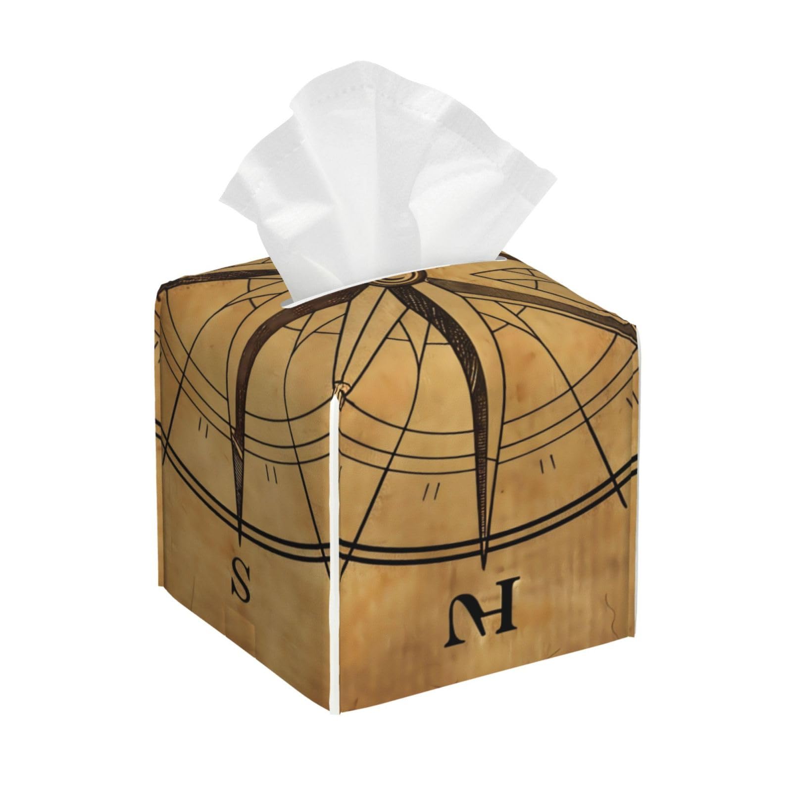 Compass Tissue Box Holder, Vintage Nautical Square Tissue Box Cover Leather Paper Napkin Dispenser Cube for Living Room Office Car Bathroom Décor
