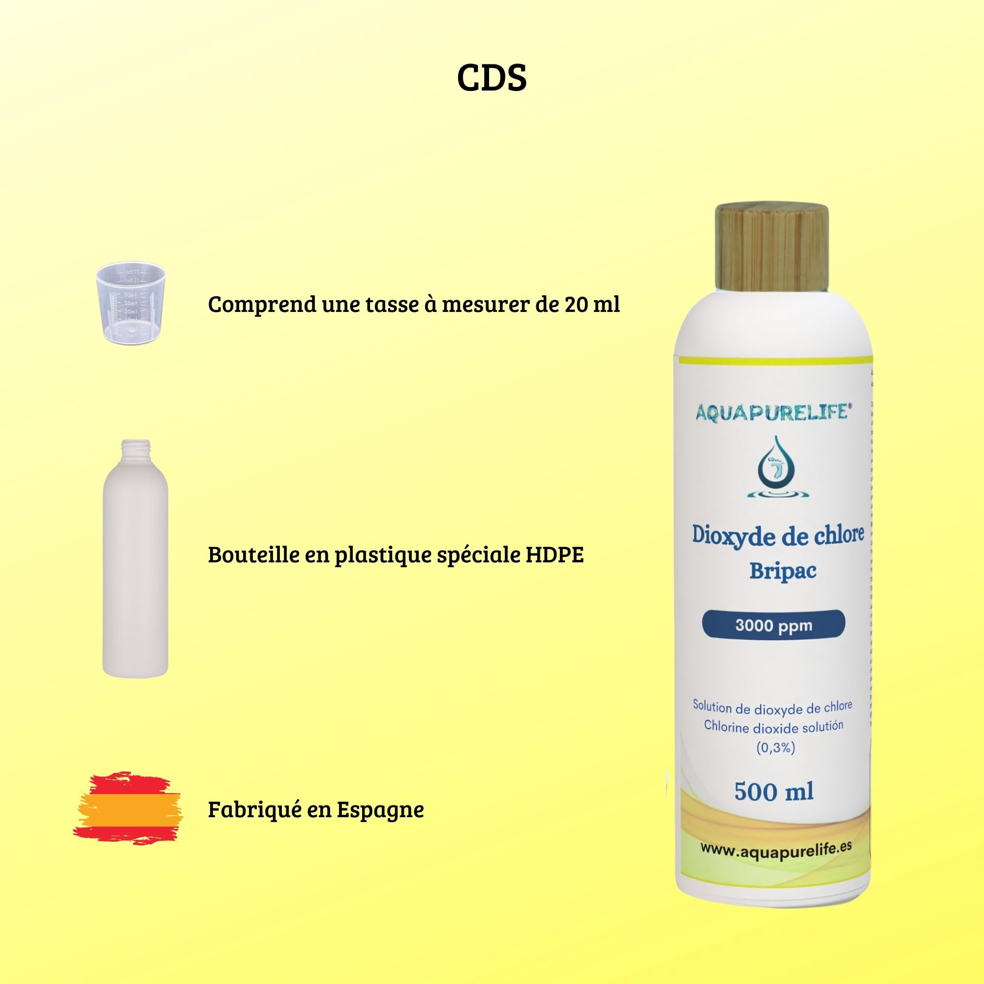 CDS/CDL CueVitae 3000 PPM – Dioxyde De Chlore Prêt à L’emploi – 500 Ml – Fabriqué En Espagne – Bouteille Verre Ambré Avec Gobelet Doseur